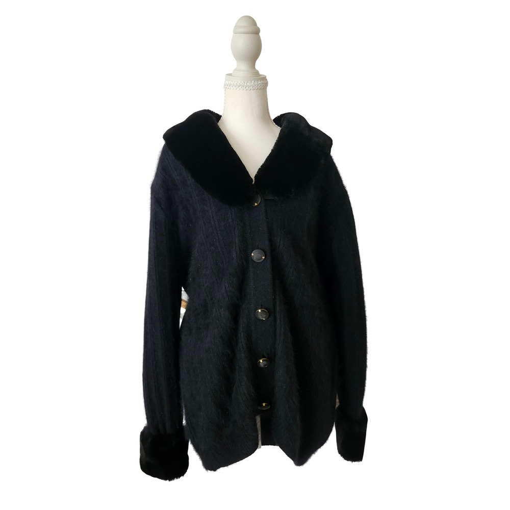 Vintage Imago Black Angora Lambswool Fuzzy Knit Cardigan Faux Fur Trim Jacket XL